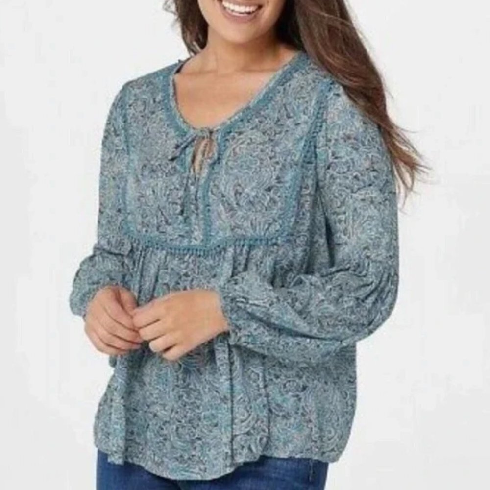 Haute Hippie Tribe Blue Tassel  Long Sleeve Peasant Blouse - Picture 3 of 14